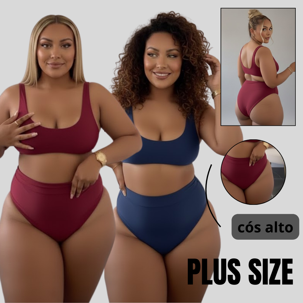 Conjunto Biquíni Plus Size Moda Praia Top e Sunquíni Forrado Cintura Alta em Suplex - GG ao G5 em Oferta na Shopee
