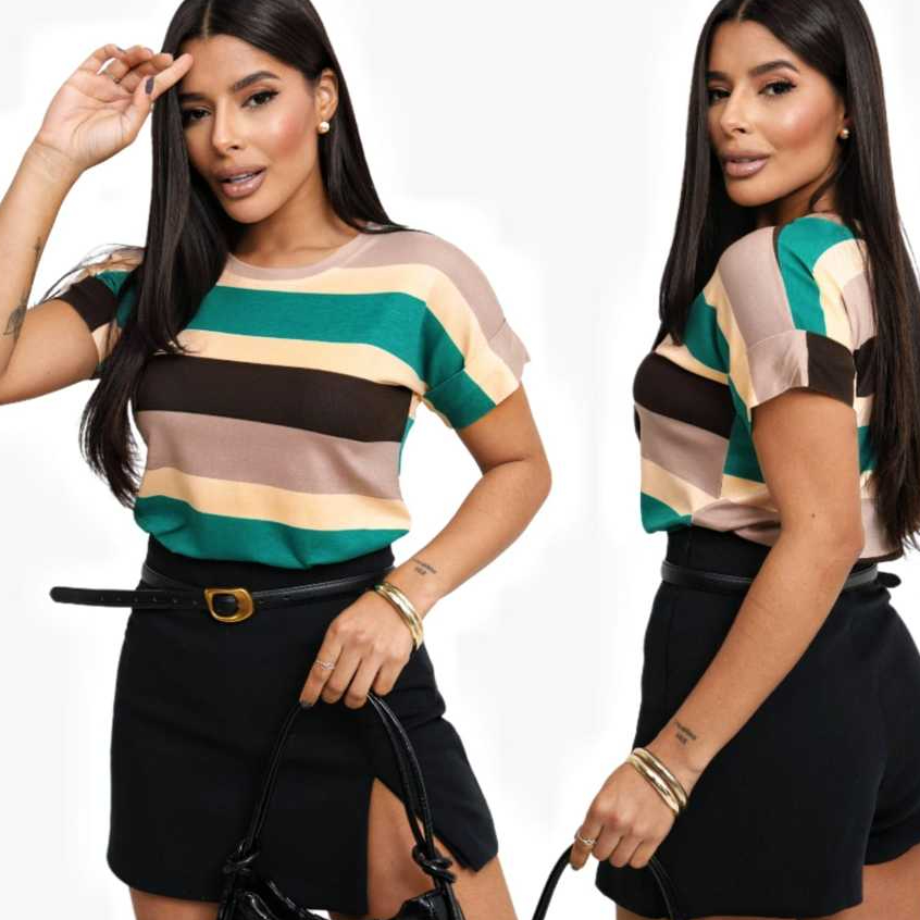 Blusa Camiseta Listrada Feminina Moda Verão Manga Japonesa Tendencia Estilosa e Moderna Malha Fria em Oferta na Shopee