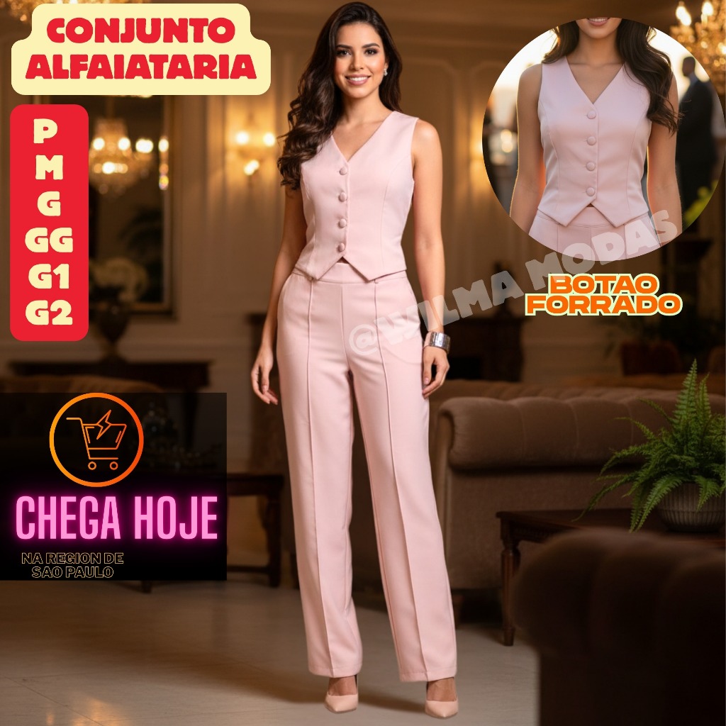 Calça e Colete Conjunto Feminino Alfaiataria botao e bolsos tamanhos do P ate G2 em Oferta na Shopee