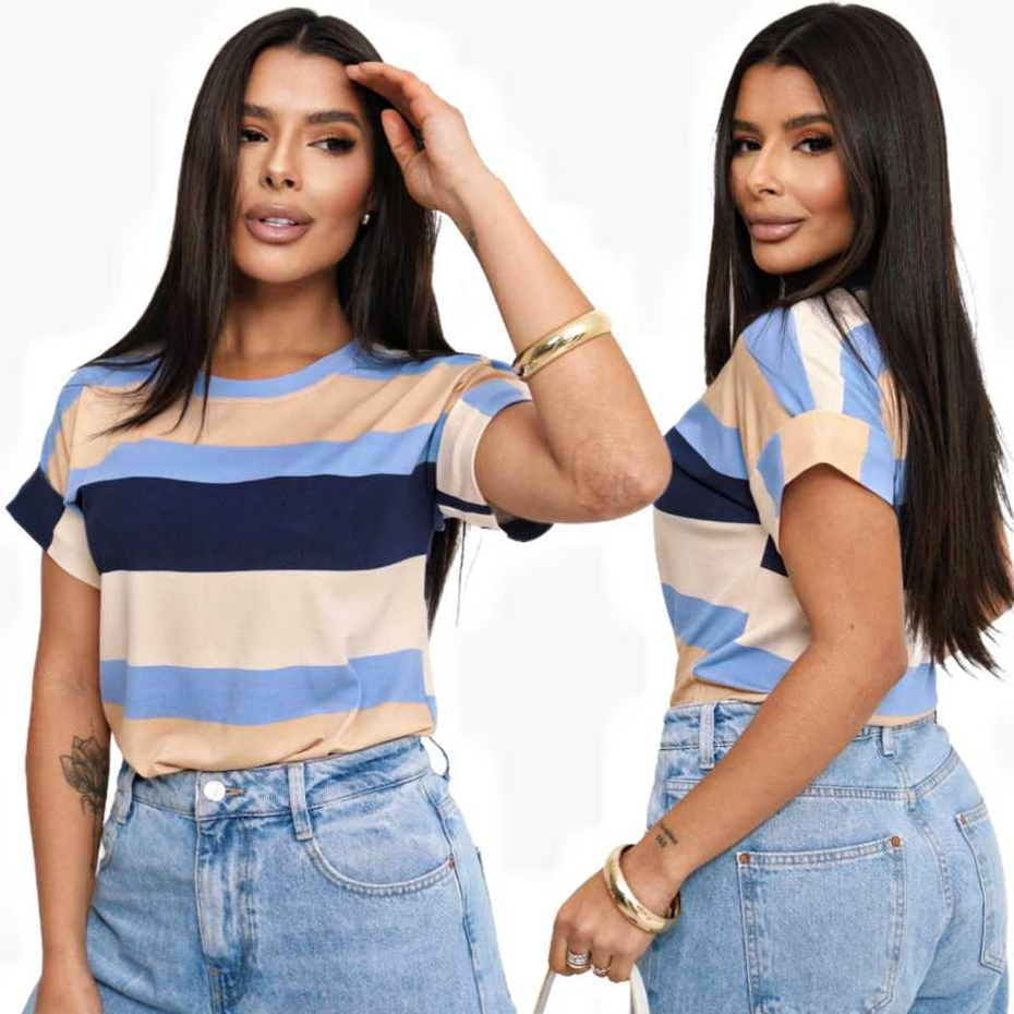 Blusa Camiseta Listrada Feminina Moda Verão Manga Japonesa Tendencia Estilosa e Moderna Malha Fria