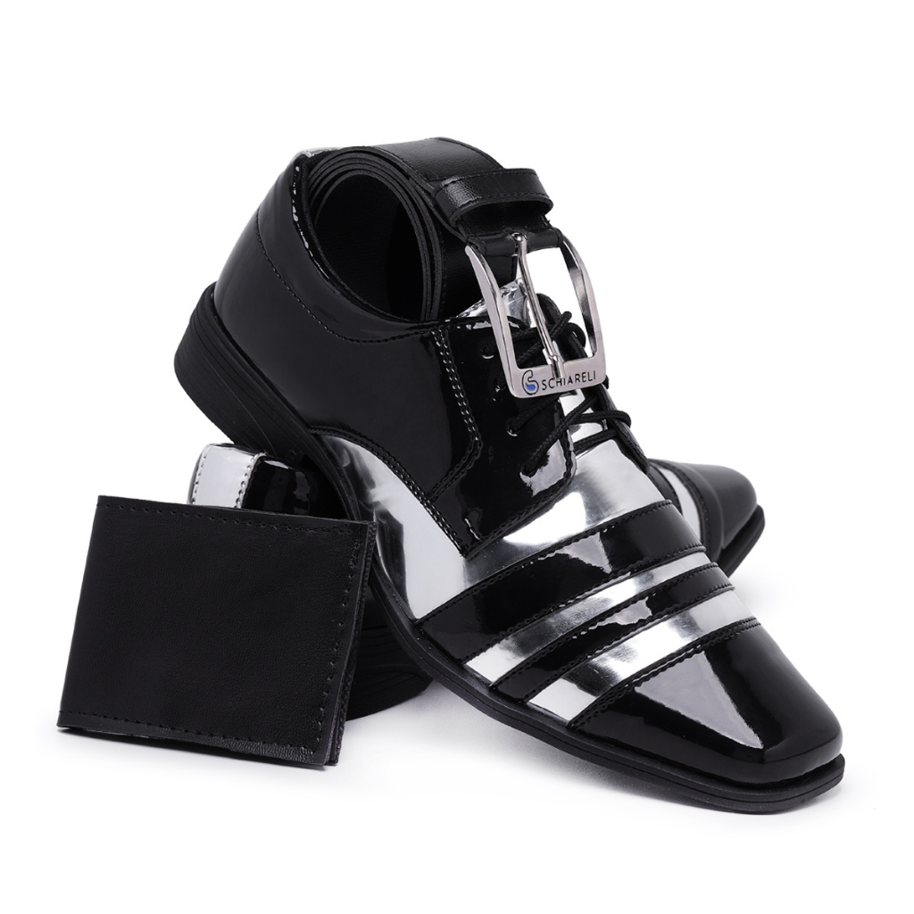 Kit Sapato Social Oxford Masculino Com Cinto E Carteira Bico Quadrado Em Verniz Brilhante Listrado