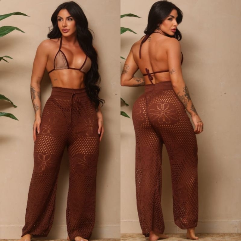 calça saida de praia tricot crochê furos moda verão em Oferta na Shopee