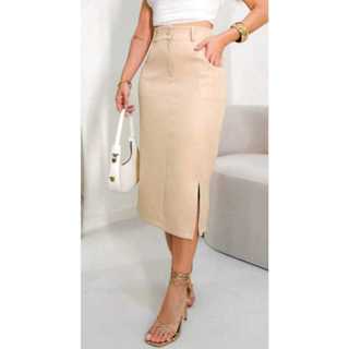 Saia Femenino Longo monocromática em alfaiaria , com bolsa laterais e detalhas em ziper e botao em Oferta na Shopee