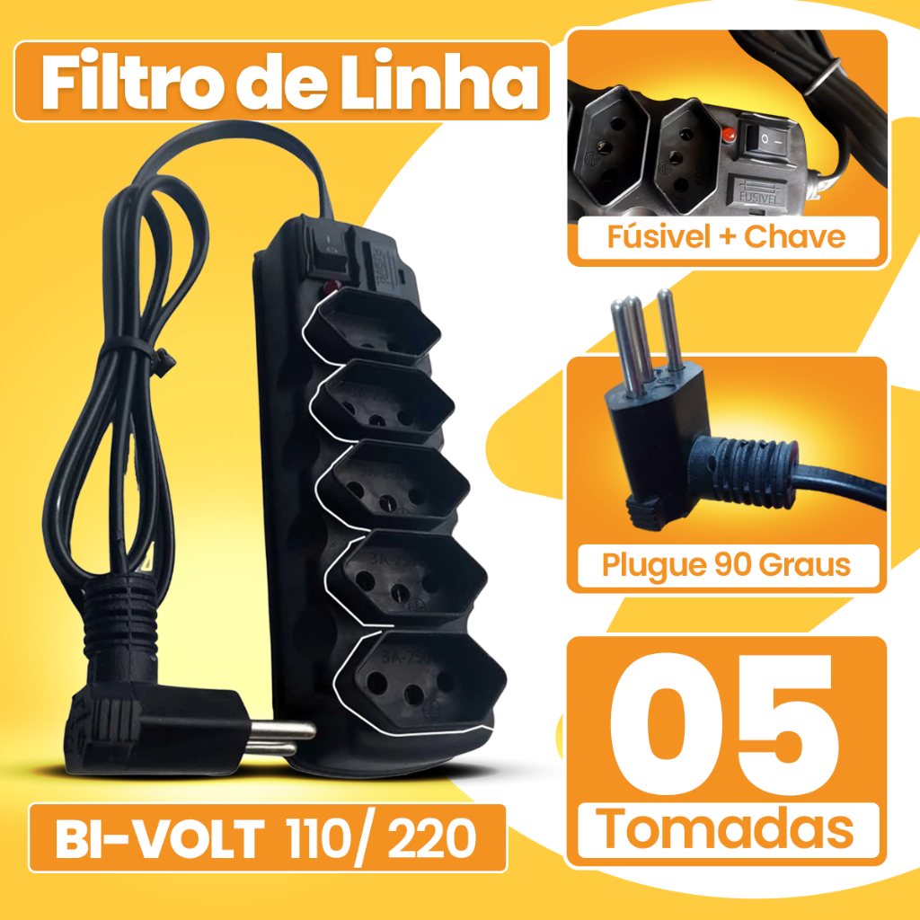 Filtro de Linha 5 Tomadas Cabo de 1 Metro Extensão Eletrica Protetor Eletrônico Bivolt 110/220 Régua em Oferta na Shopee