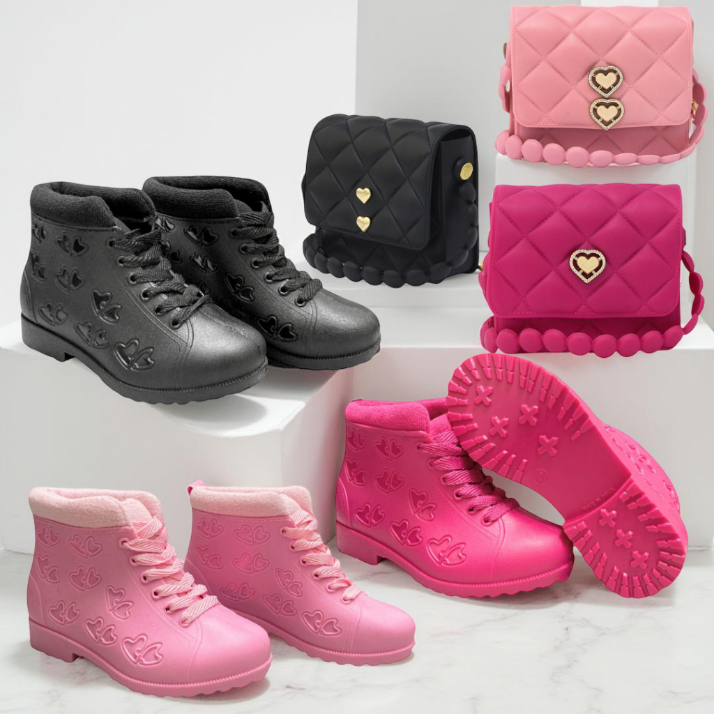 Conjunto Infantil Bota + Bolsinha Coração Feminino | Material Confortável E Impermeável .