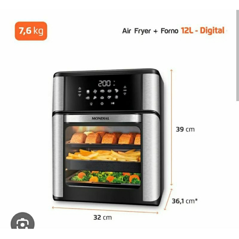 Fritadeira Air Fryer Forno Mondial 12L 220V - Air Fryer + Forno, Capacidade 12L, Antiaderente Duraflon