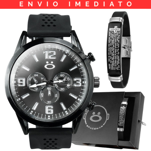 Kit Relógio Masculino Analógico Minimalista Preto Social + Pulseira com Passagem Bíblica - Presente de Fé Benção e Cura