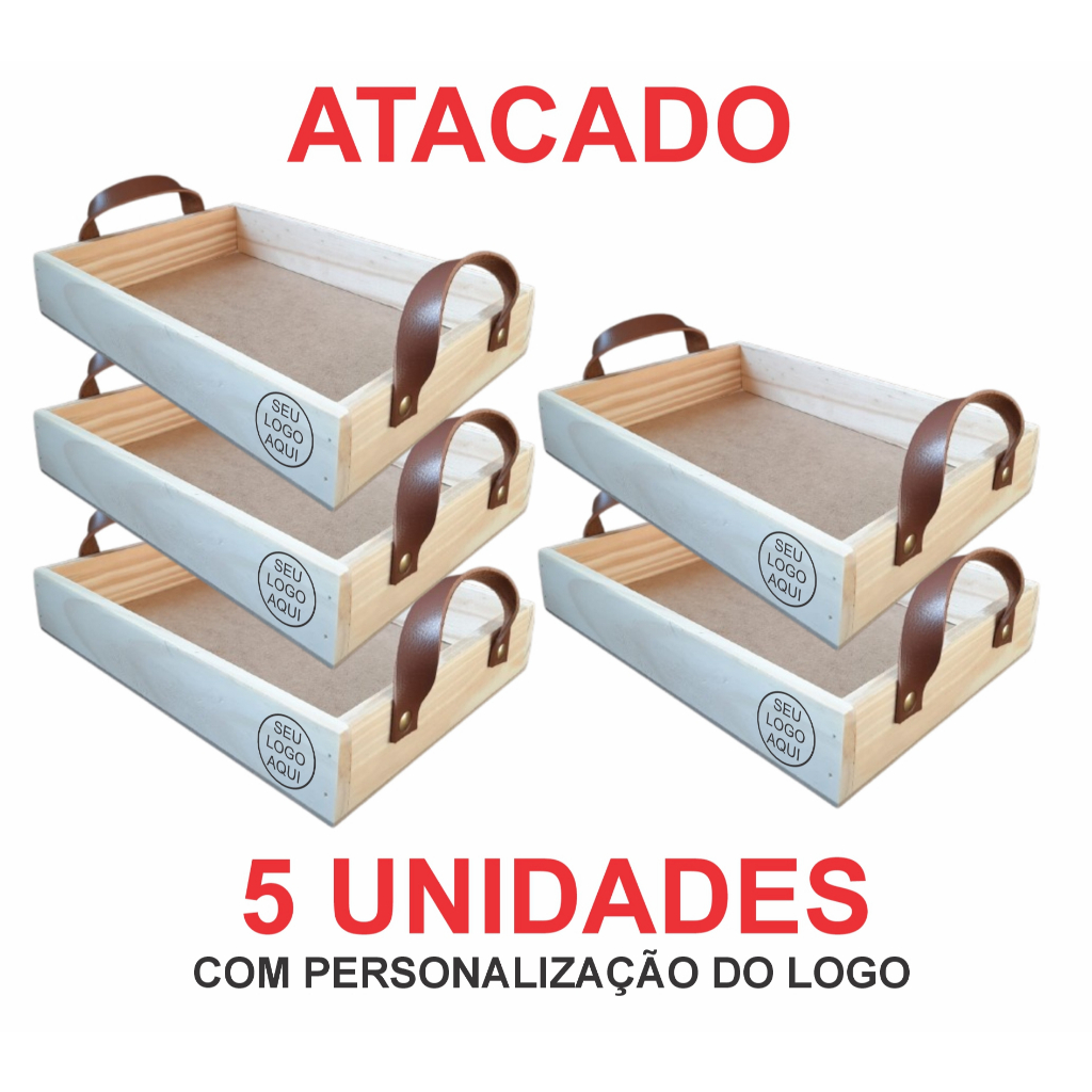 KIT 5un - Bandeja Milão 32x22x4,5cm + PERSONALIZAÇÃO - pinus com alça em couro