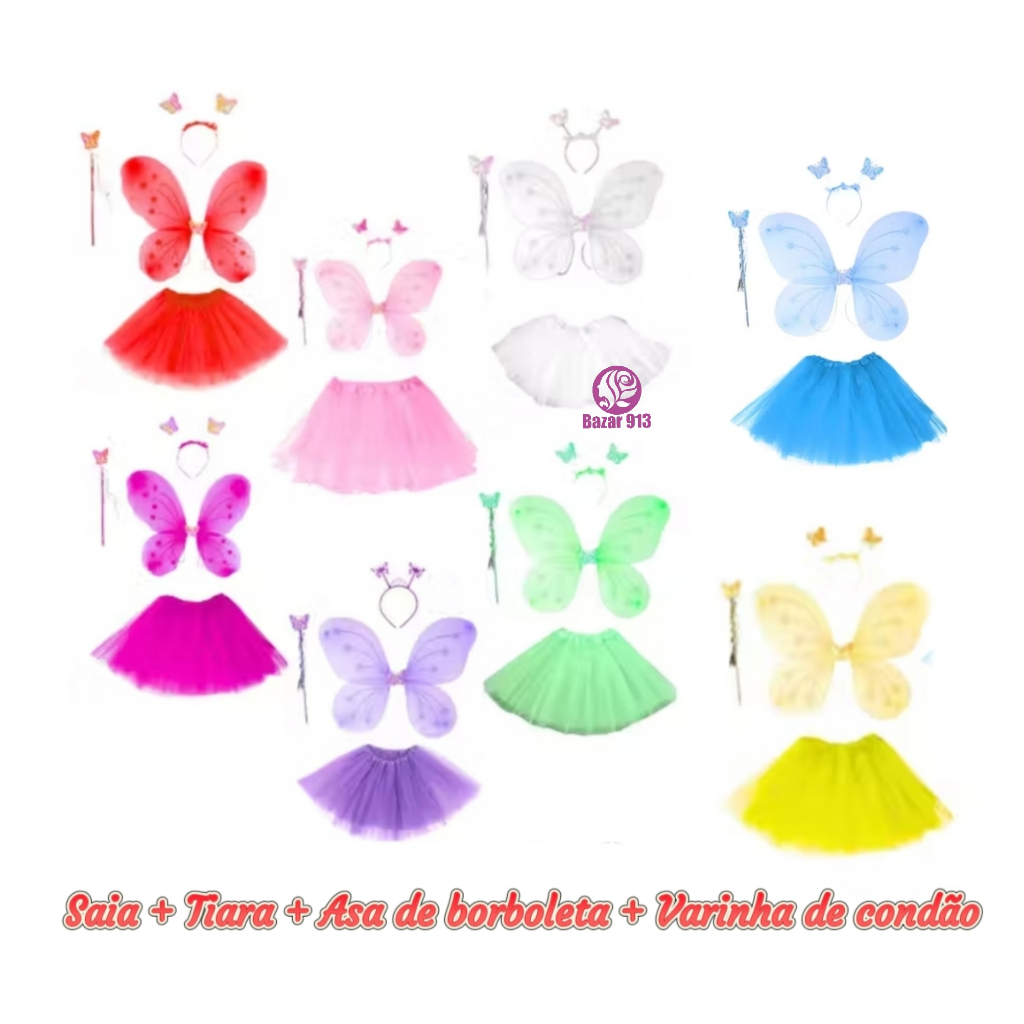 Fantasia Infantil Fada Bailarina Asas+Saia+Tiara Para Festa Carnaval e Aniversário