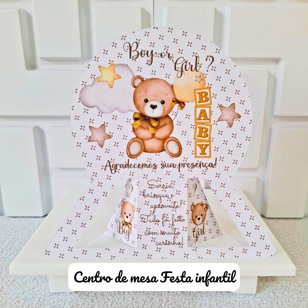 Centro De Mesa Do Ursinho Bege Chá Revelação Festa Infantil Plaquinha De Agradecimento Enfeite De Mesa Decorativo