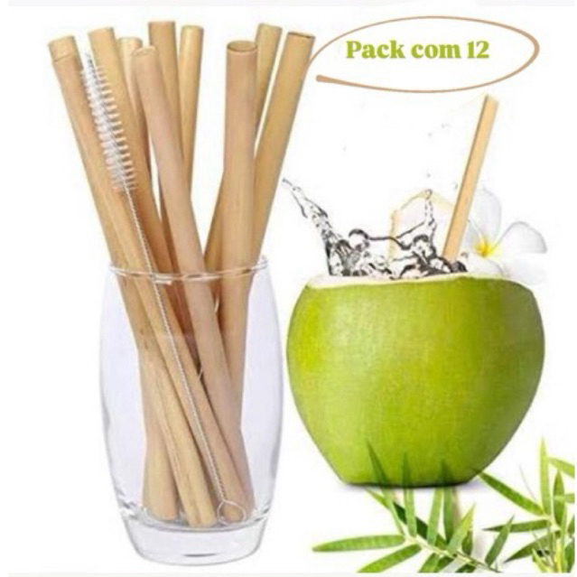 Kit 12 canudos de bambu modernos, estilosos, canudo de bambu pra suco, refrigerante, água de coco, lavável, canudos