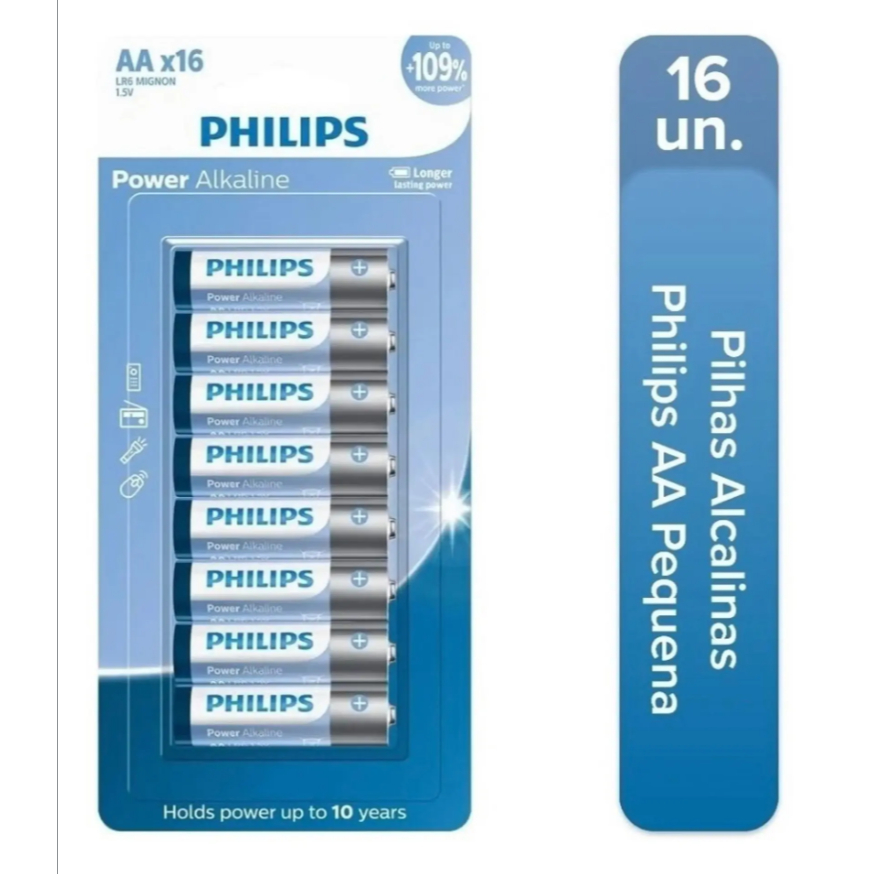 Pilha Philips Alcalina 16 unidades LR6P16B AA, LR6P16B/59 em Oferta na Shopee