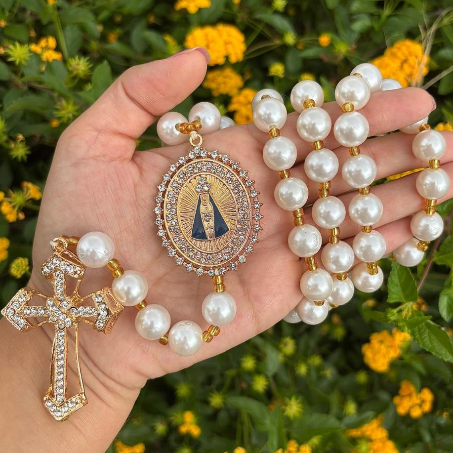 Terço Noiva Pérola  60 cm com Strass de Luxo Contas 12mm- PROMOÇÃO em Oferta na Shopee