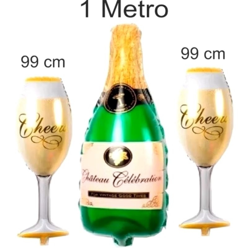 1 Balão Metalizado Champanhe Gigante 1 Metro + 2 Balões Metalizado Taça 99cm