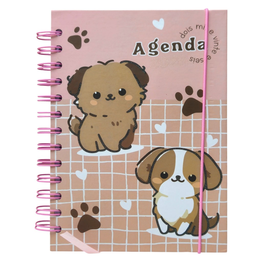 Agenda Diária Planner Organização 2026 Feminina Masculina Elástico e Marcador de Páginas Fofinha Cachorrinho Gatinho