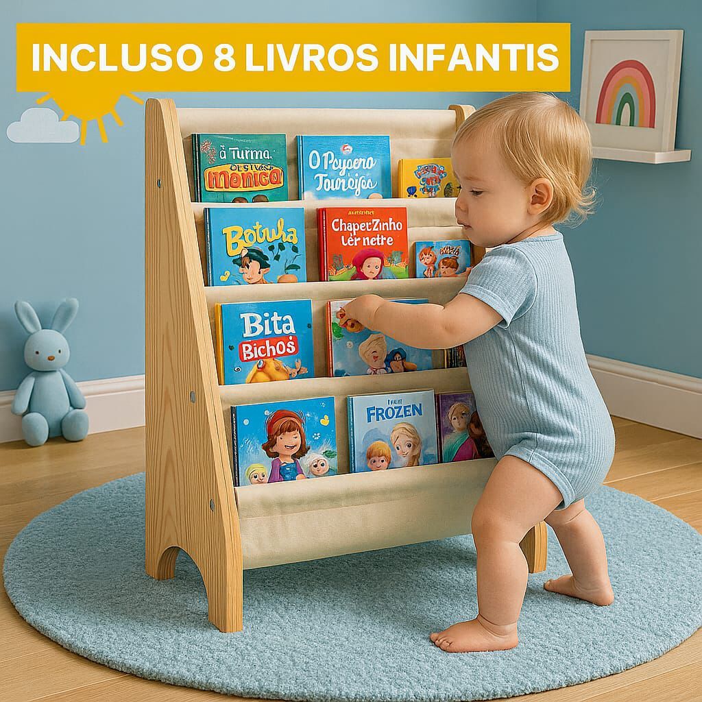 Estante Porta Livros Infantil – Rack Montessoriano em Tecido e Madeira com 8 Livros Inclusos