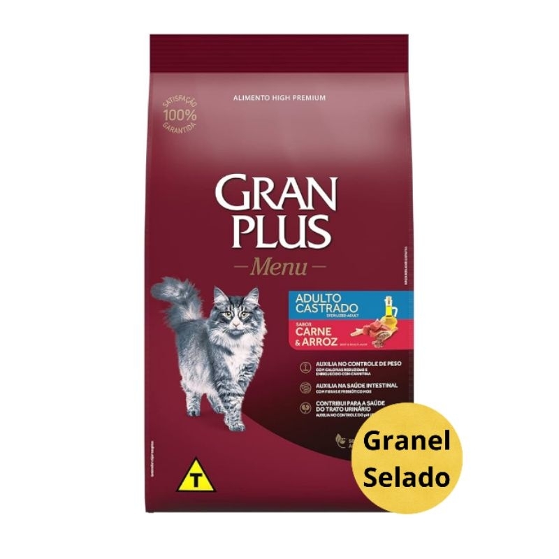 Ração GranPlus Gatos Castrados Carne 1 ou 3kg | Granel Selado | Alta Proteína | Controle de Peso e Urina