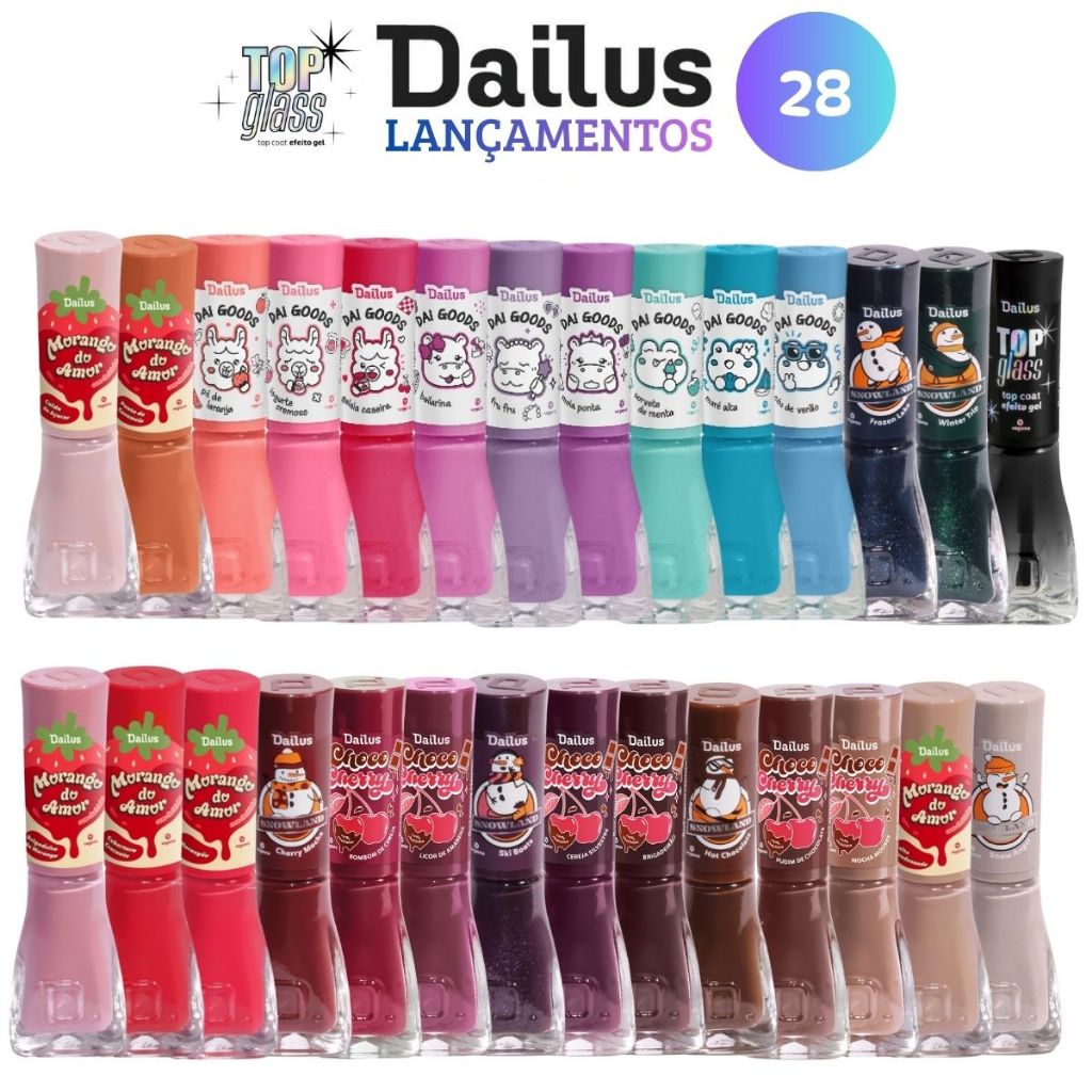 Kit Esmaltes Dailus Lançamentos 28 Cores Com Top Coat Gel