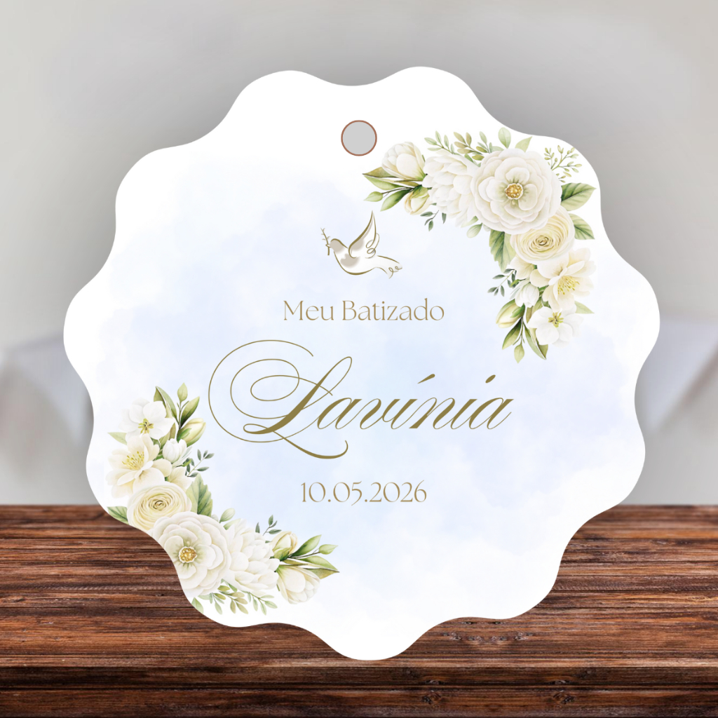 Tag para Lembrancinha Batizado PERSONALIZADA NOME E DATA floral branco delicado com furo 5x5 cm em Oferta na Shopee