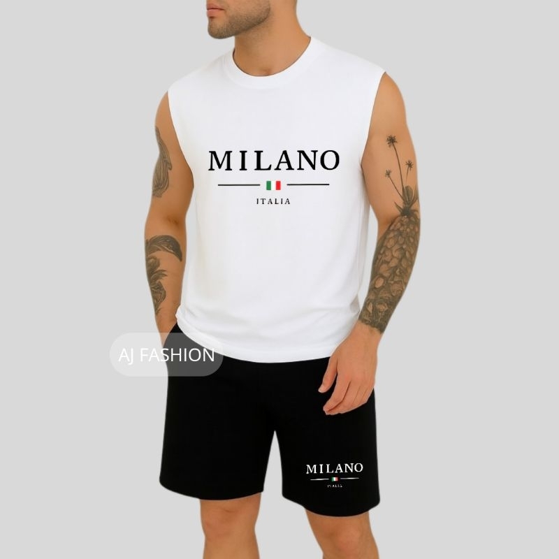 Conjunto Masculino Regata Machão Milano Italia Camiseta 100% Algodão Bermuda Moletom Bolso Estampado Camisa Gola Redonda