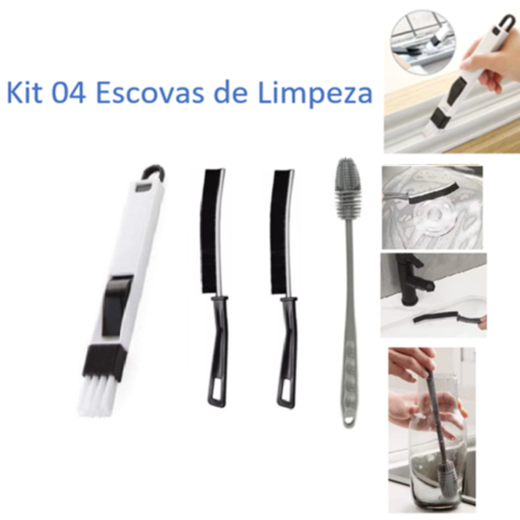 Kit 04 Escovas Limpeza multiuso Cozinha Banheiro Janela