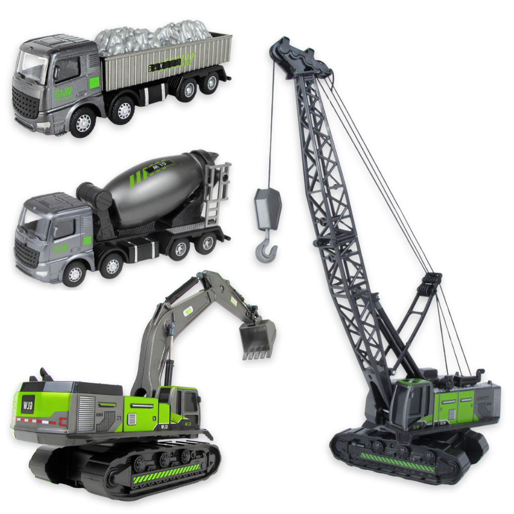 Brinquedo Caminhão Trator Guindaste De Ferro Kit Construção Infantil 4 Peças Escavadeira Brinquedo