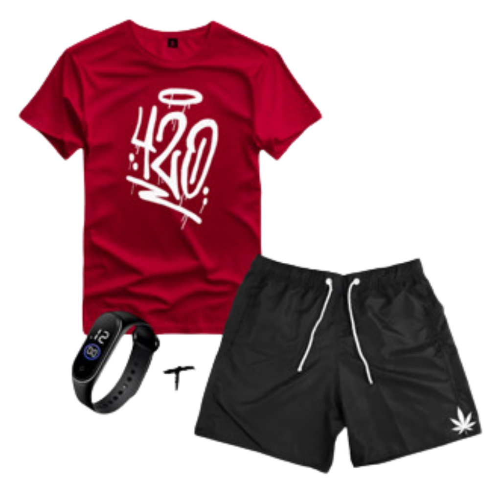 Conjunto Kit Camiseta E Bermuda Tectel + Relogio Estampa 420 Camisa Masculina