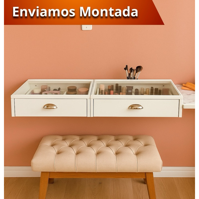 Penteadeira de Vidro 120cm C/Divisorias Camarim Maquiagem Organizadora em Oferta na Shopee