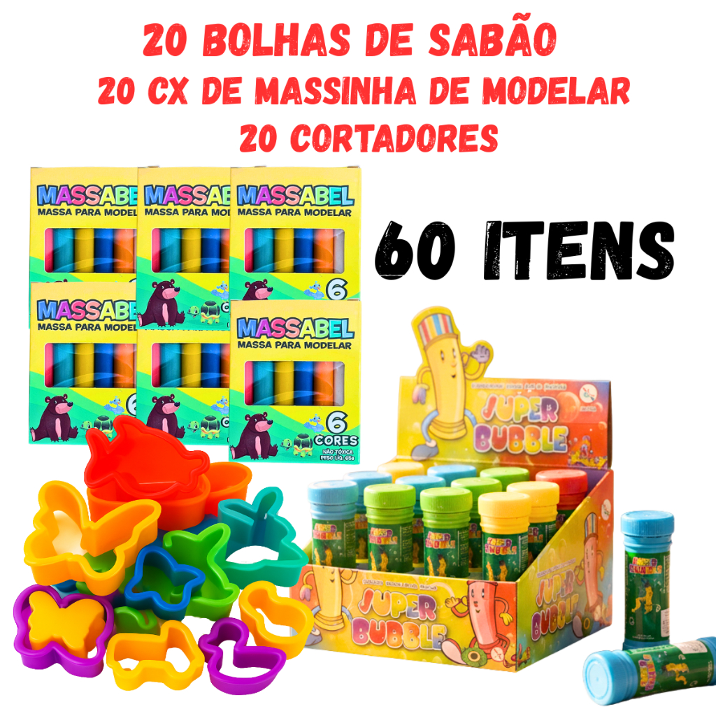 Kit Massinha de Modelar 36/60/90 Itens Bolha de Sabão Cortador Molde Lembrancinha Infantil Festa Aniversário