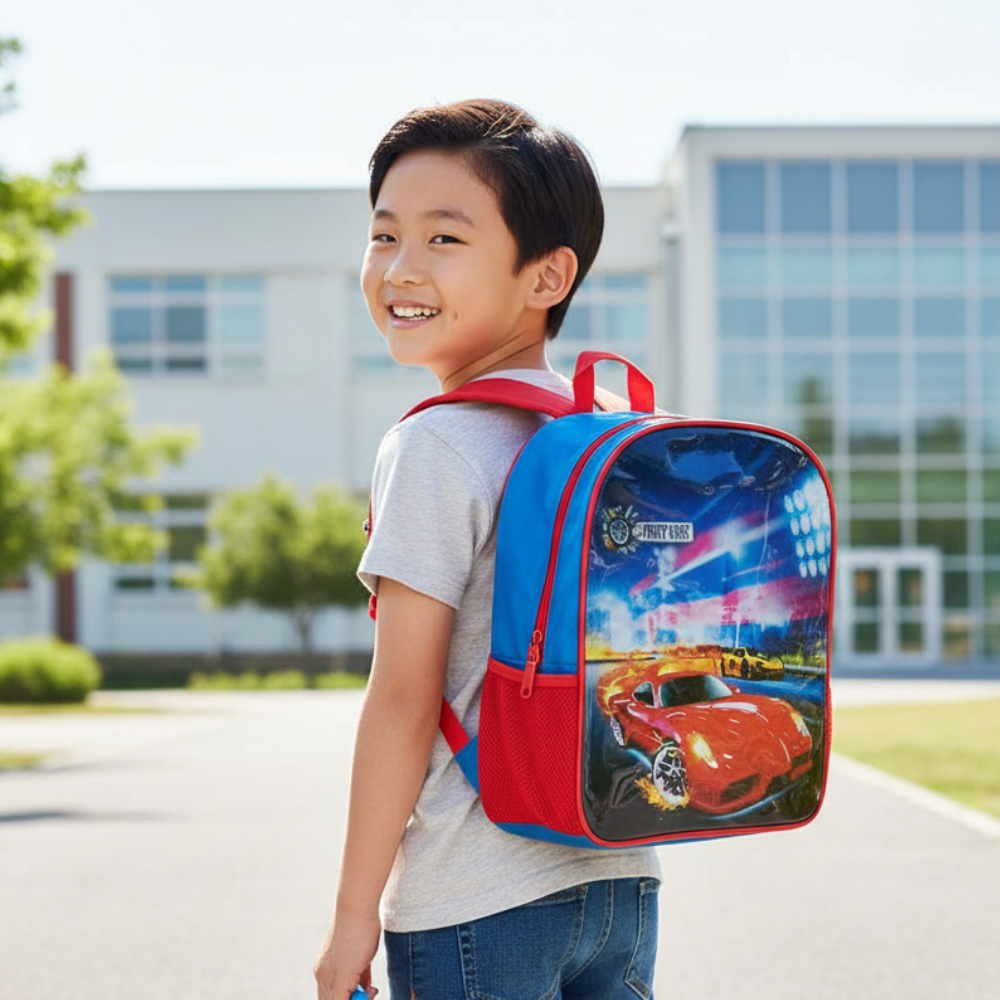 Mochila Infantil Escolar Carros Vermelha Costa Menino Passeio Viagem Estudo Volta às Aulas