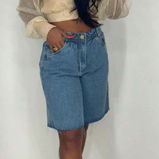 Bermuda Jeans Feminina Cintura Alta | Jeans Claro Casual em Oferta na Shopee