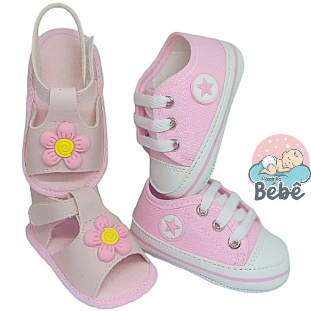 Kit Bebê Recém Nascido Tênis ALL Star e sandália chinelo Sapatilha Pink Passinho de Bebê.