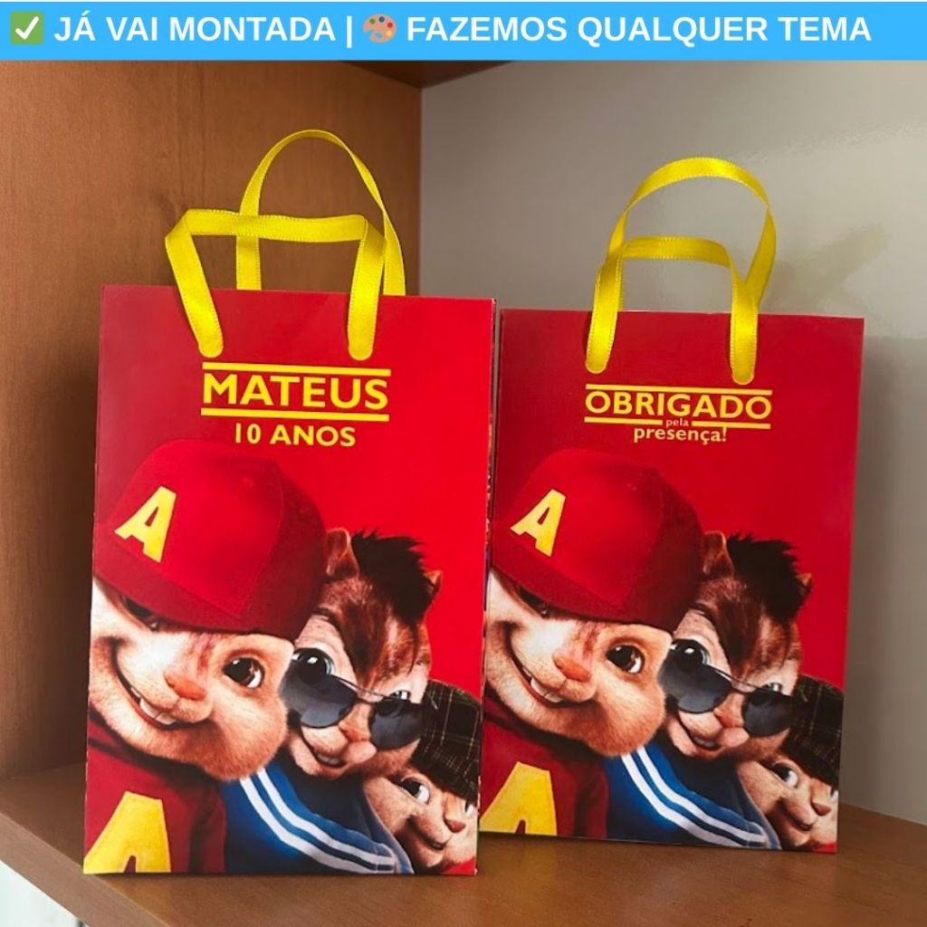 Sacolinha Surpresa Personalizada Alvin e os Esquilos P, M e G Lembrancinha Aniversário Criança Temas
