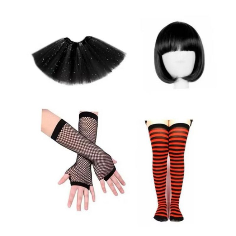 Kit Fantasia Halloween Peruca Curta Preta Luva Arrasta Meia preta e Vermelha Listrada Saia de Tule Preta Com Brilho