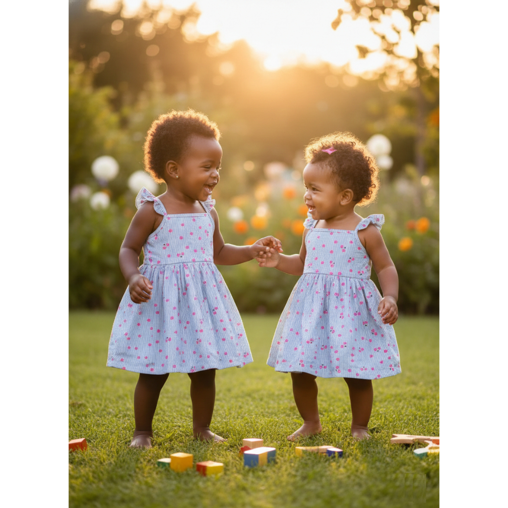 Vestido Infantil Bebê Azul Claro Listrado Com Branco e Corações Baby