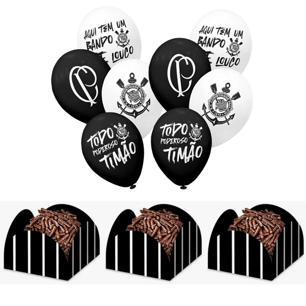 Kit Festa Corinthians Futebol 20 Balões + 50 Forminhas Para Doces - Inspire sua Festa Loja
