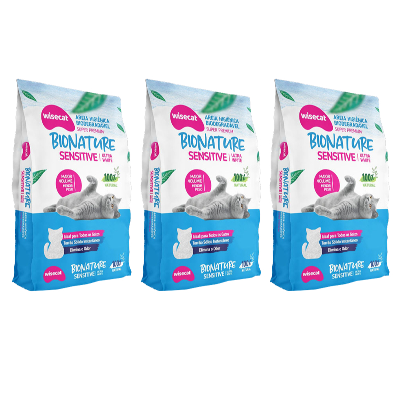 Kit 3 Areia Biodegradável Grãos Finos para Gatos Bionature Sensitive Wisecat 2 KG em Oferta na Shopee
