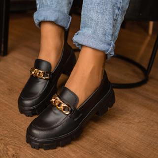Mocassim Feminino Sola Alta Tratorado Preto Com Corrente Delicado Estiloso Confortável em Oferta na Shopee