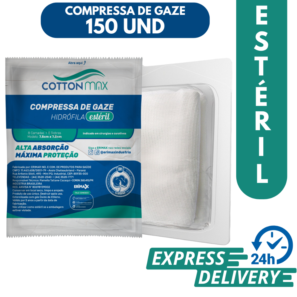 Compressa de Gaze 13 Fios Estéril Descartável Hidrófila 150 Unidades de Gaze Esteril 7,5x7,5cm