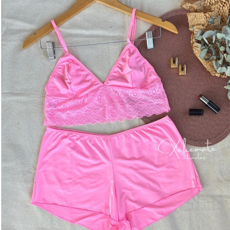 Kit 3 Conjuntos de Lingerie Sem Bojo Baby Doll Renda Liganete Shortinho Lingerie Feminina Moda Intim