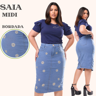Saia Jeans Midi Evangelica Premium Com Lindo Bordado Na Cor Cristal Cintura Alta com Lycra