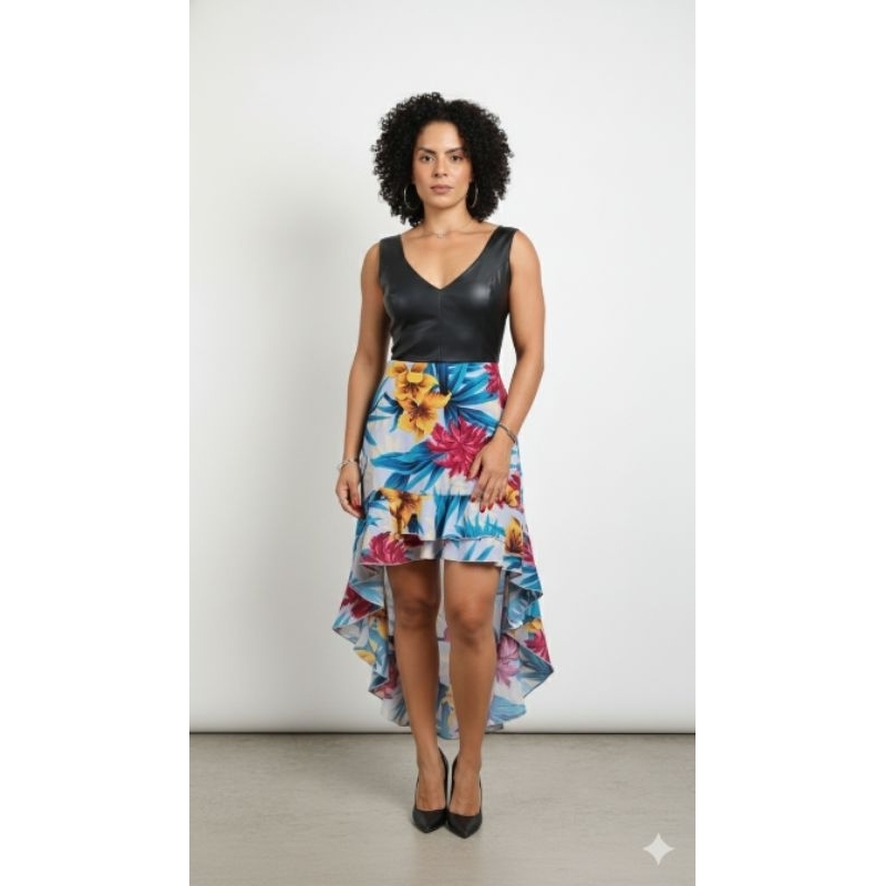 Saia Mullet Floral Azul Turquesa Tam. G