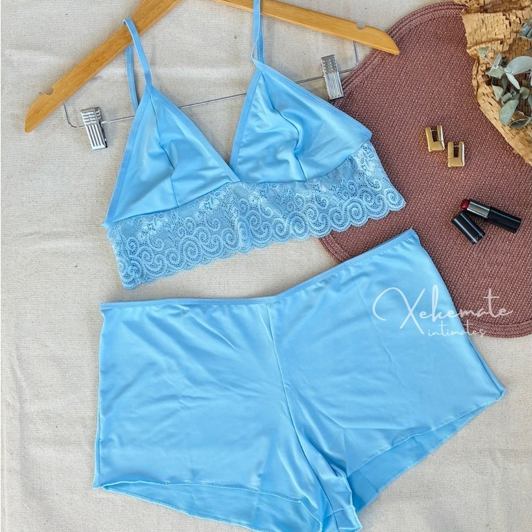 Kit 3 Conjuntos de Lingerie Sem Bojo Baby Doll Renda Liganete Shortinho Lingerie Feminina Moda Intim