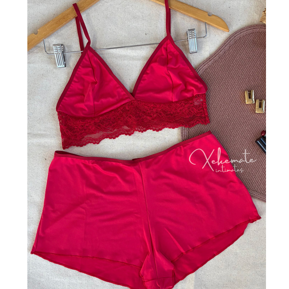 Kit 3 Conjuntos de Lingerie Sem Bojo Baby Doll Renda Liganete Shortinho Lingerie Feminina Moda Intim