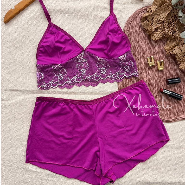 Kit 3 Conjuntos de Lingerie Sem Bojo Baby Doll Renda Liganete Shortinho Lingerie Feminina Moda Intim