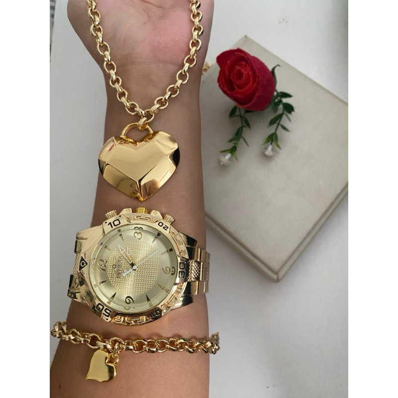 Kit Feminino Luxo – Cordão Elo Português Grosso + Relógio Invicta Bruto + Pulseira
