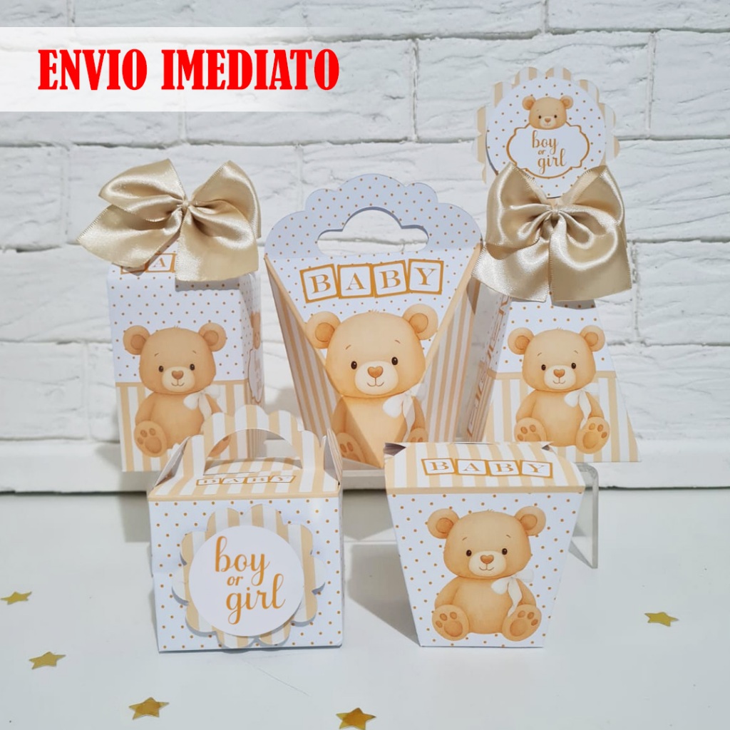 KIT PEGUE MONTE PRONTA ENTREGA 10 a 20 Caixinhas Ursinho Neutro Bege Dourado Chá Revelação