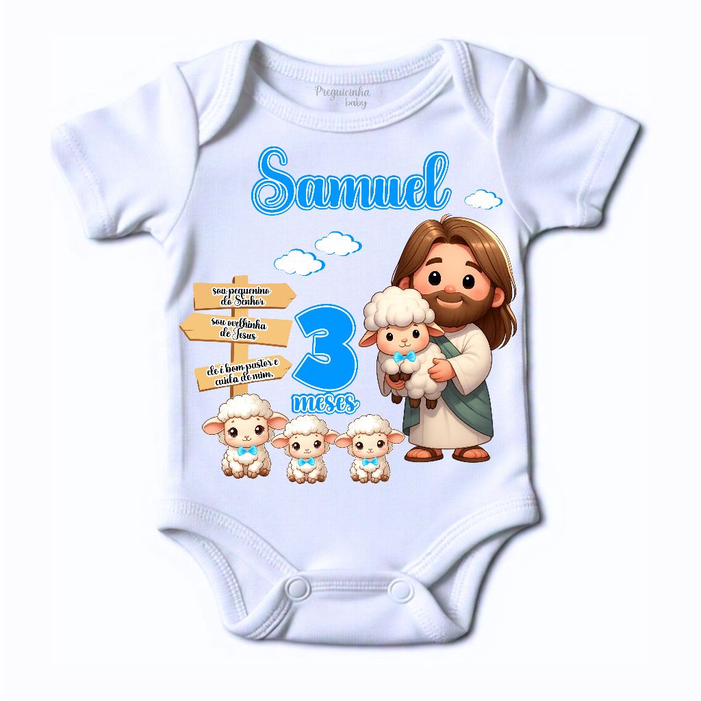 Body bebe ovelhinha de Jesus personalizado com nome e mesversario tema ovelha — imagem 2 de 2