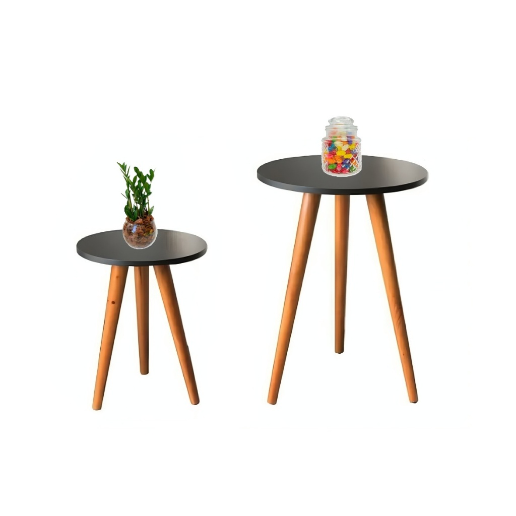 Conjunto 2 Mesinha Canto Lateral Redonda Decorativa Apoio Sala Sofá Quarto Madeira MDF Preta