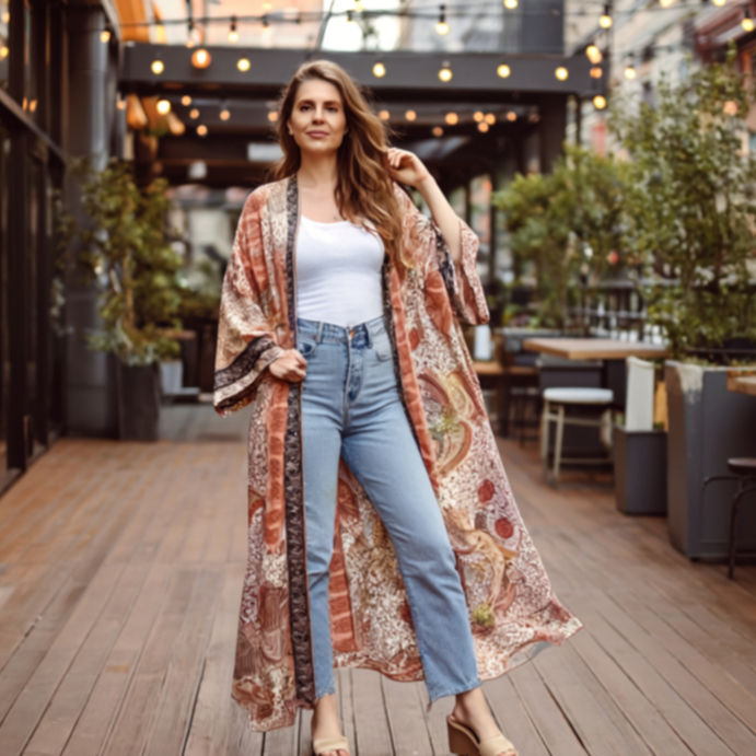 Kimono Longo Feminino de Seda Com Brilho